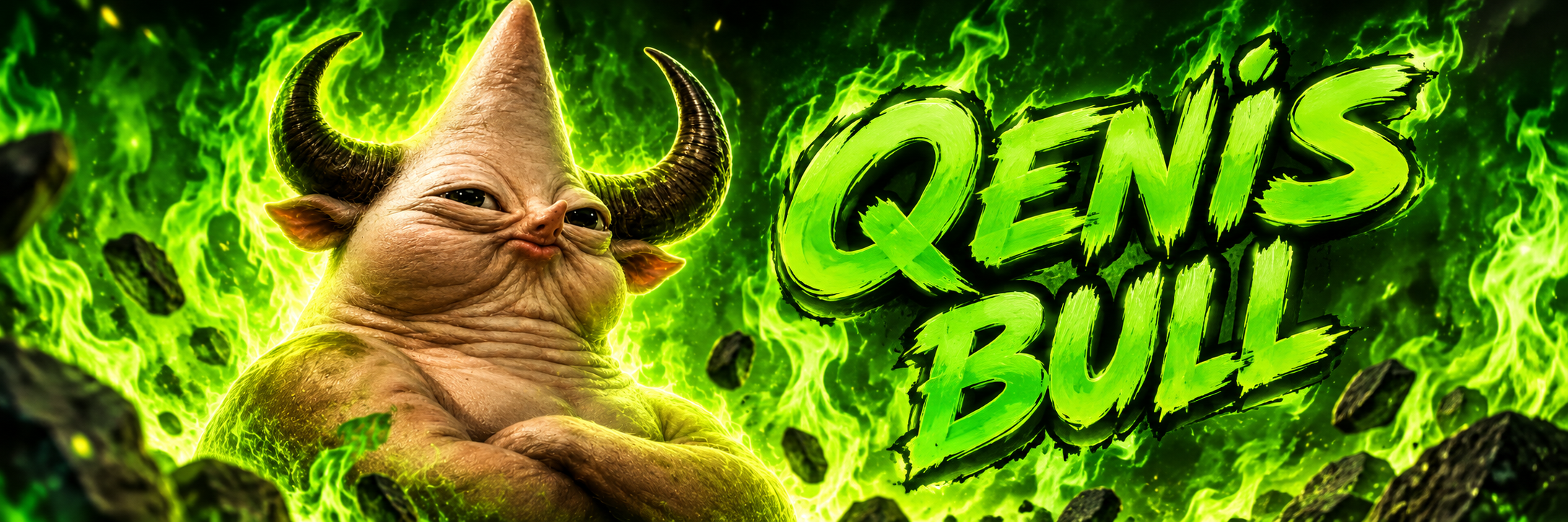 Cinematic Qenis Bull banner: the mascot stands in toxic green fire beside glowing QENIS BULL lettering